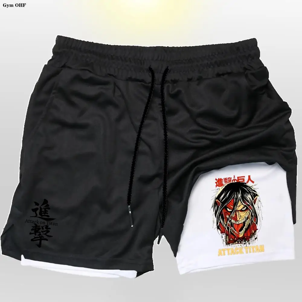 Men Running Shorts 2 In 1 Double Deck Quick Dry Gym Sportswear Fitness Workout Training Male Short Pants Anime Attack On Titan