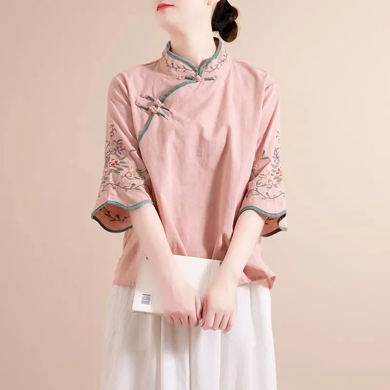 Women's Pink Cheongsam Style Blouse With Floral Embroidery And Mandarin Collar For Elegant Casual Daily Wear