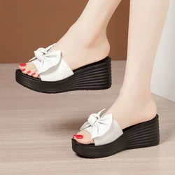 Small Size 32-43 Sweet Bow Medium Heels Wedges Shoes Women Slippers 2022 Summer Outside Beach Office Mother Platform Slides