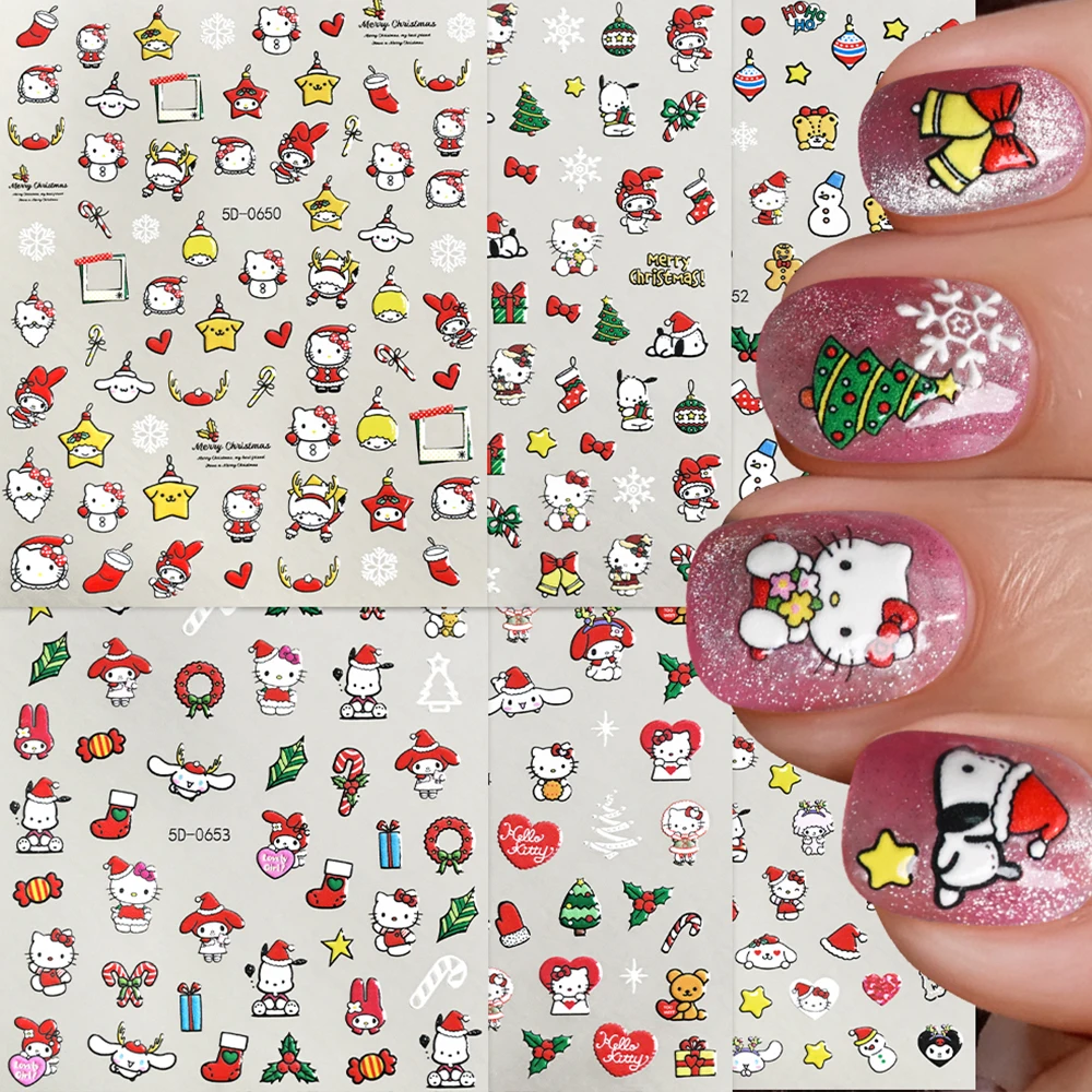 5D Nuovo Hello Kitty Pelle di Natale Adesivi per unghie 3D Simpatico cartone animato Natale Kuromi My Melody Decalcomanie per unghie Autoadesive Kawaii Nail Deco