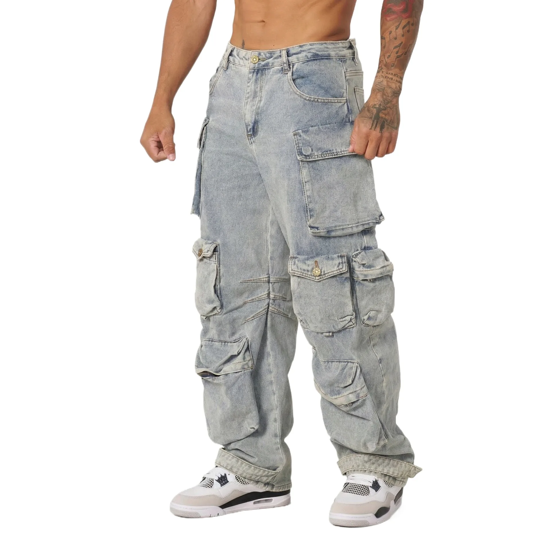Men's Fashion Vibe Style Hip Hop Jeans Pants High Streetwear Vintage Y2K Cargo Denim Trousers With Multi Pockets Loose Fit Jeans