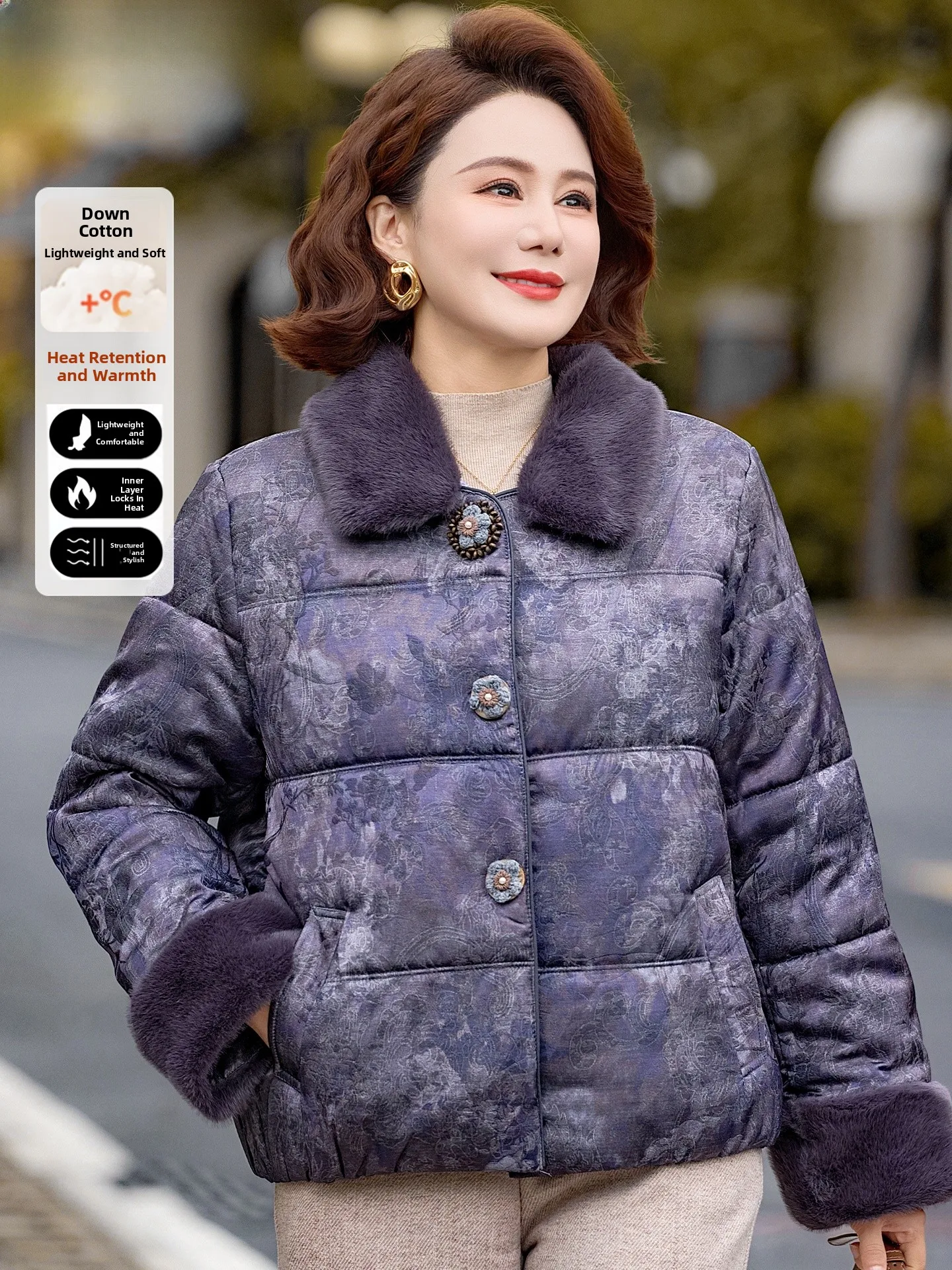 

Winter Faionable down Cotton Jaet for Women Middle-Aged And ly Warmth Polyester Fiber Stand Size Loose Fit Sle