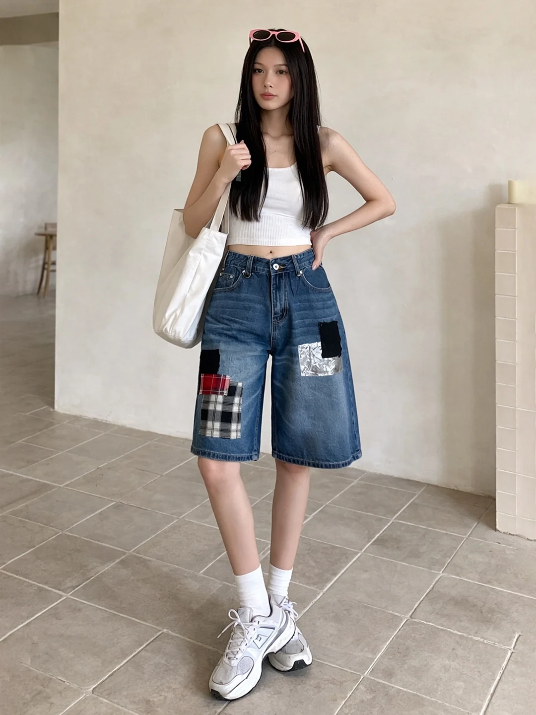 

plus Size American Retro Plaid Patchwork Denim orts Women's Fat MM Wide Leg Seven Parts Pants Slim Pear Body ape