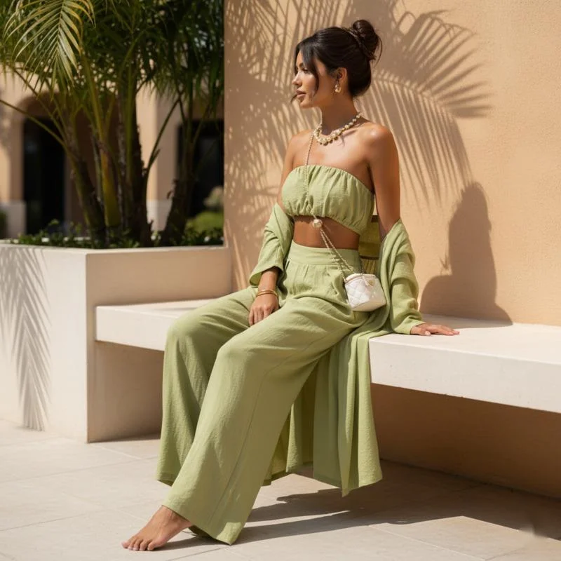 Women's Casual Three Piece Set Long Sleeve Open Cardigan Crop Camisole High Waist Wide Leg Pants Outfit For Beach Vacation Wear