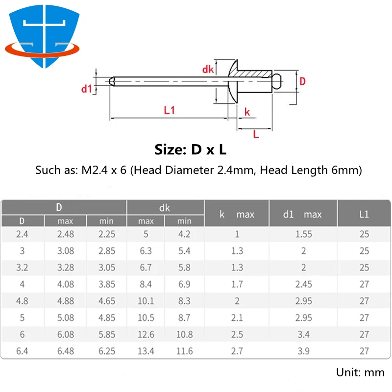 100x Aluminum Pop Blind Rivets M2.4 M3 M3.2 M4 M5 M6.4 Dome Head Blind Rivet Steel Shank Mandrel Exhaust Rivets Pop Pull Rivet