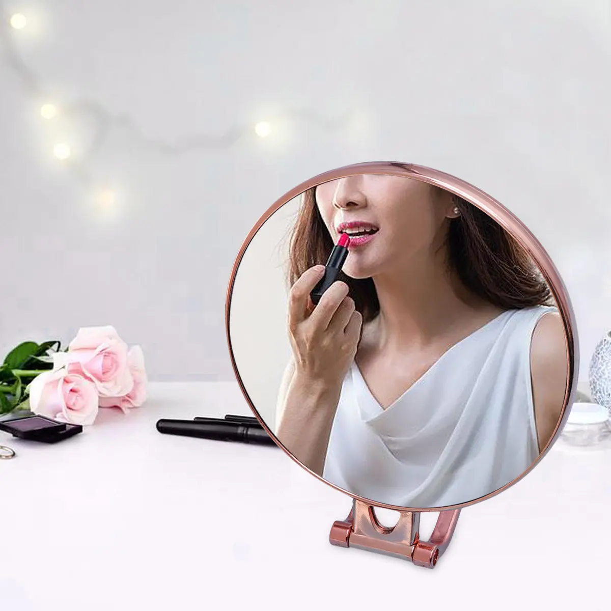 Golden Round Double-Sided Folding Makeup Mirror Compact Portable Mirror Travel Handheld Clear High Definition Surface