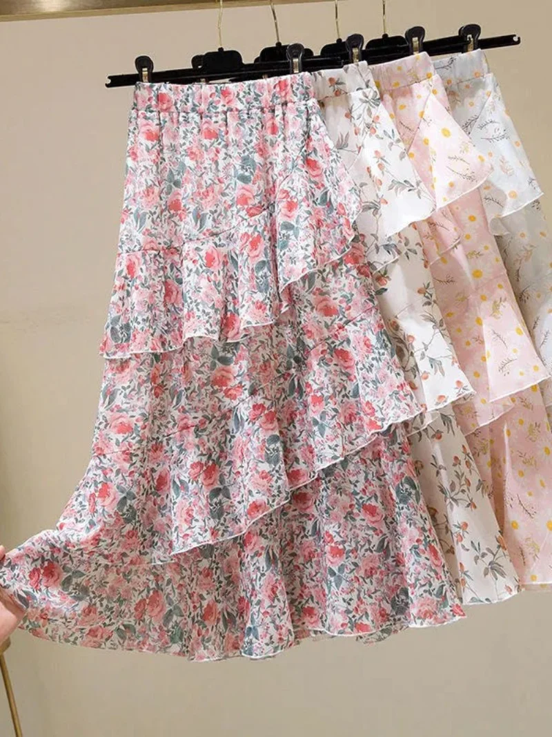 

2023 Summer New Style Half-length A-line Skirt Women's Fairy Tale Cake Skirt High Waist Irregular Floral Design Versatile Skirt