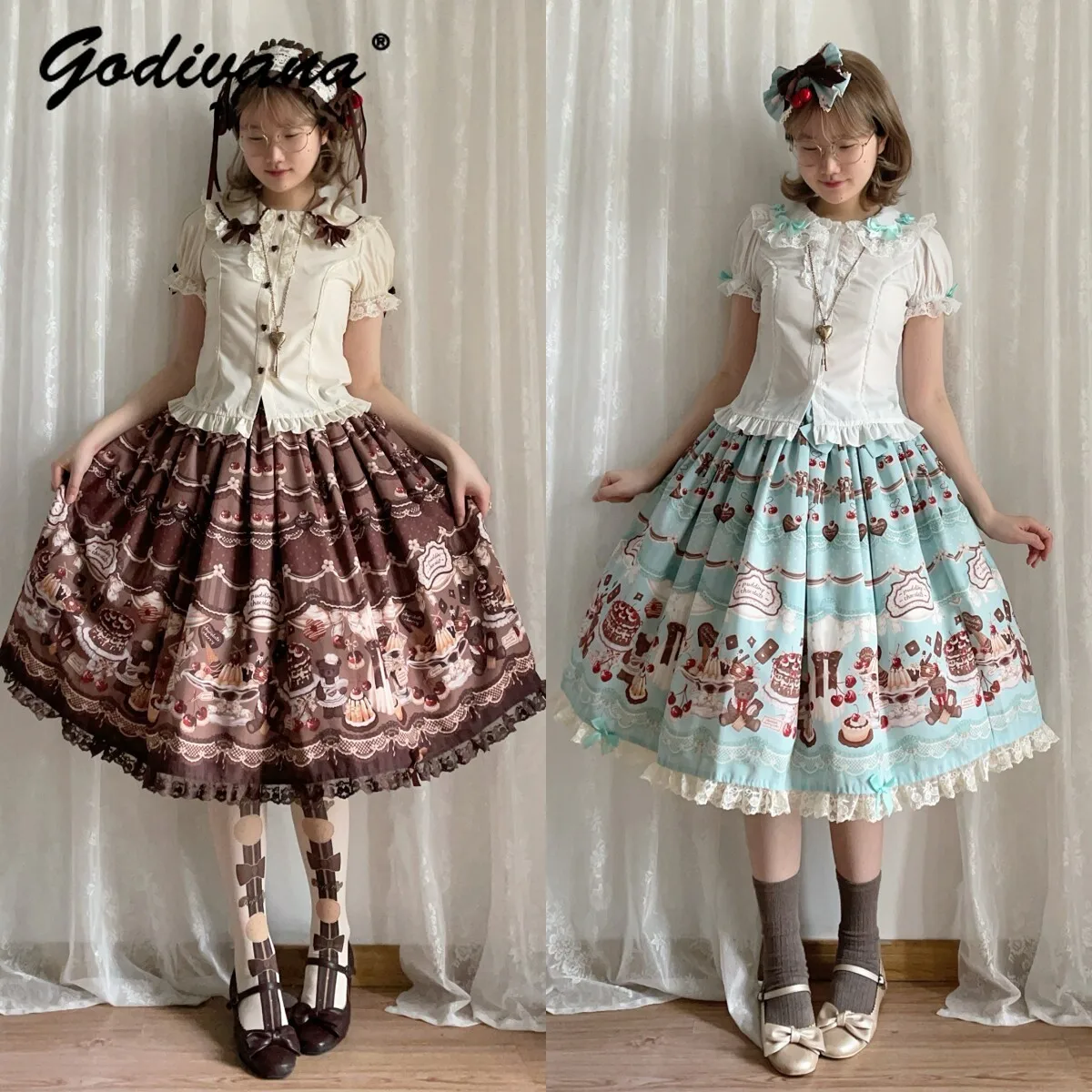 Süßer Lolita-Rock mit süßem Kirsch- und Bärenmuster, als kurzer und langer Rock erhältlich, Kawaii Damen-Lolita-Röcke