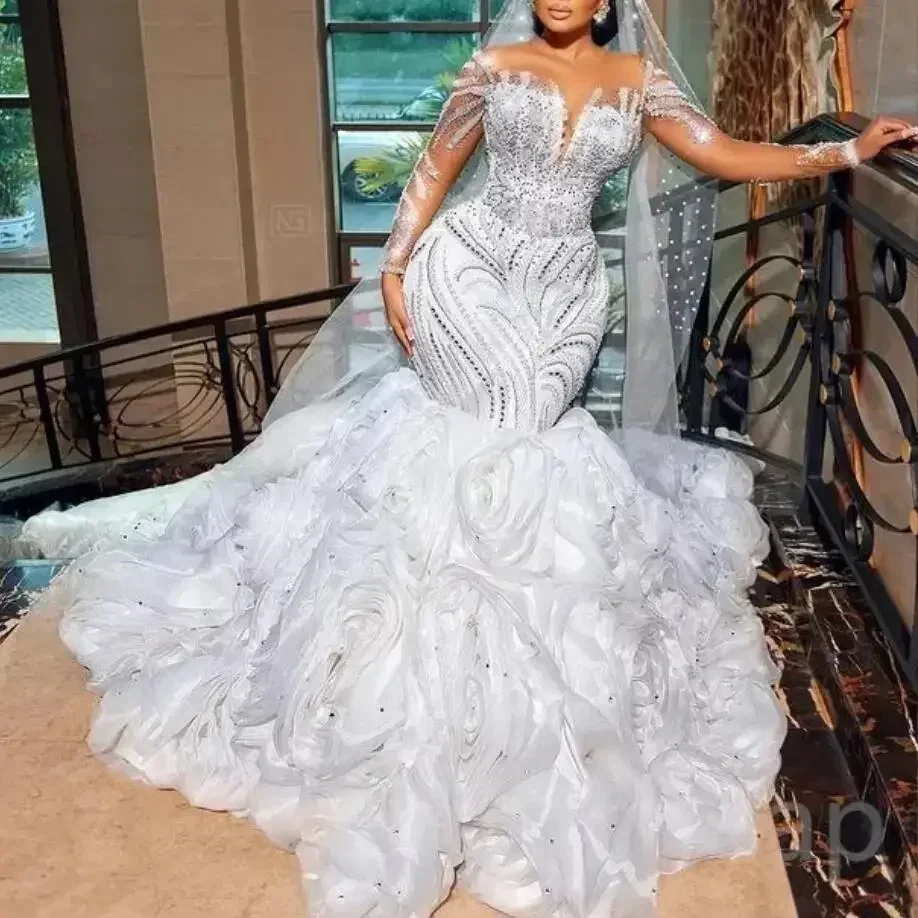 Customized Luxury Arabic Beaded Lace Mermaid Wedding Dress With Detachable Train Vintage Illusion Long Sleeve 2 In 1 Fish Tail D