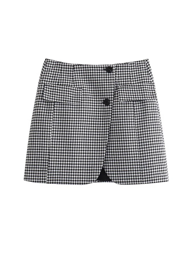 

New Women Vintage High Waist Wrap Style Houndstooth Mini Skirt