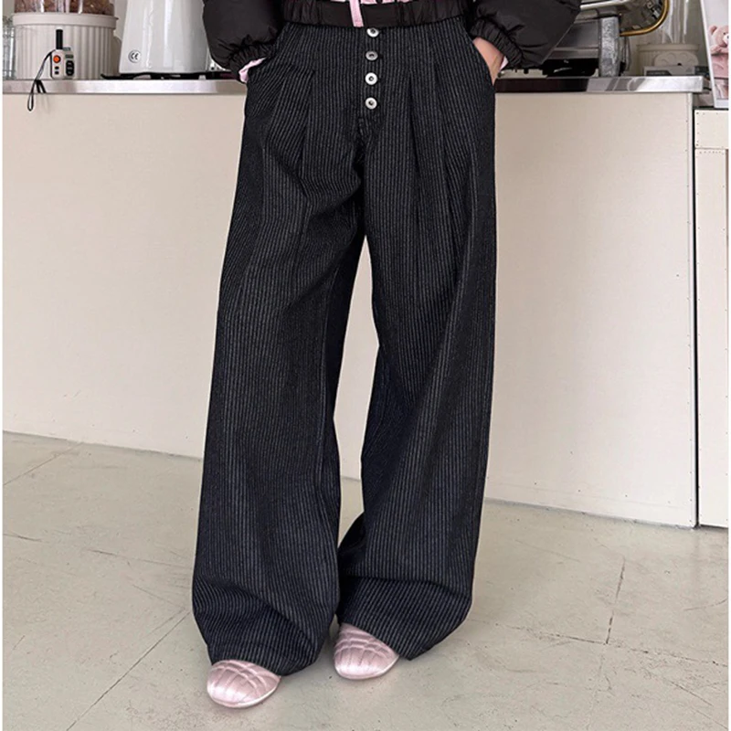 WTHT Fashion 2025 Autumn Men's Striped Pleated Button Blazer Pants Trendy High-waisted Straight Casual Trousers Male 2A2451