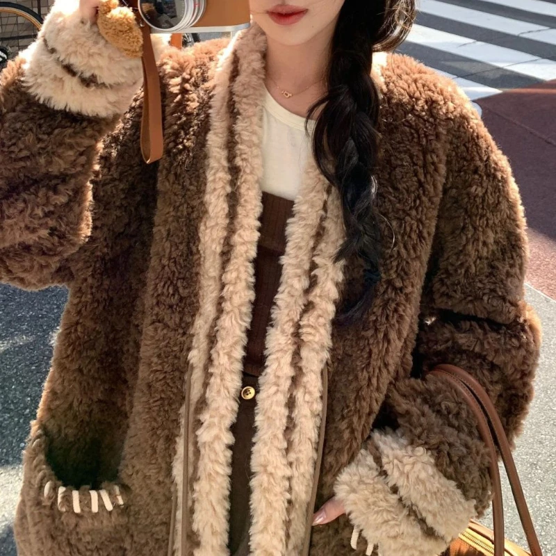 Abrigo grueso de estilo universitario para mujer, nuevo abrigo holgado y perezoso para mujer, Top de otoño e invierno