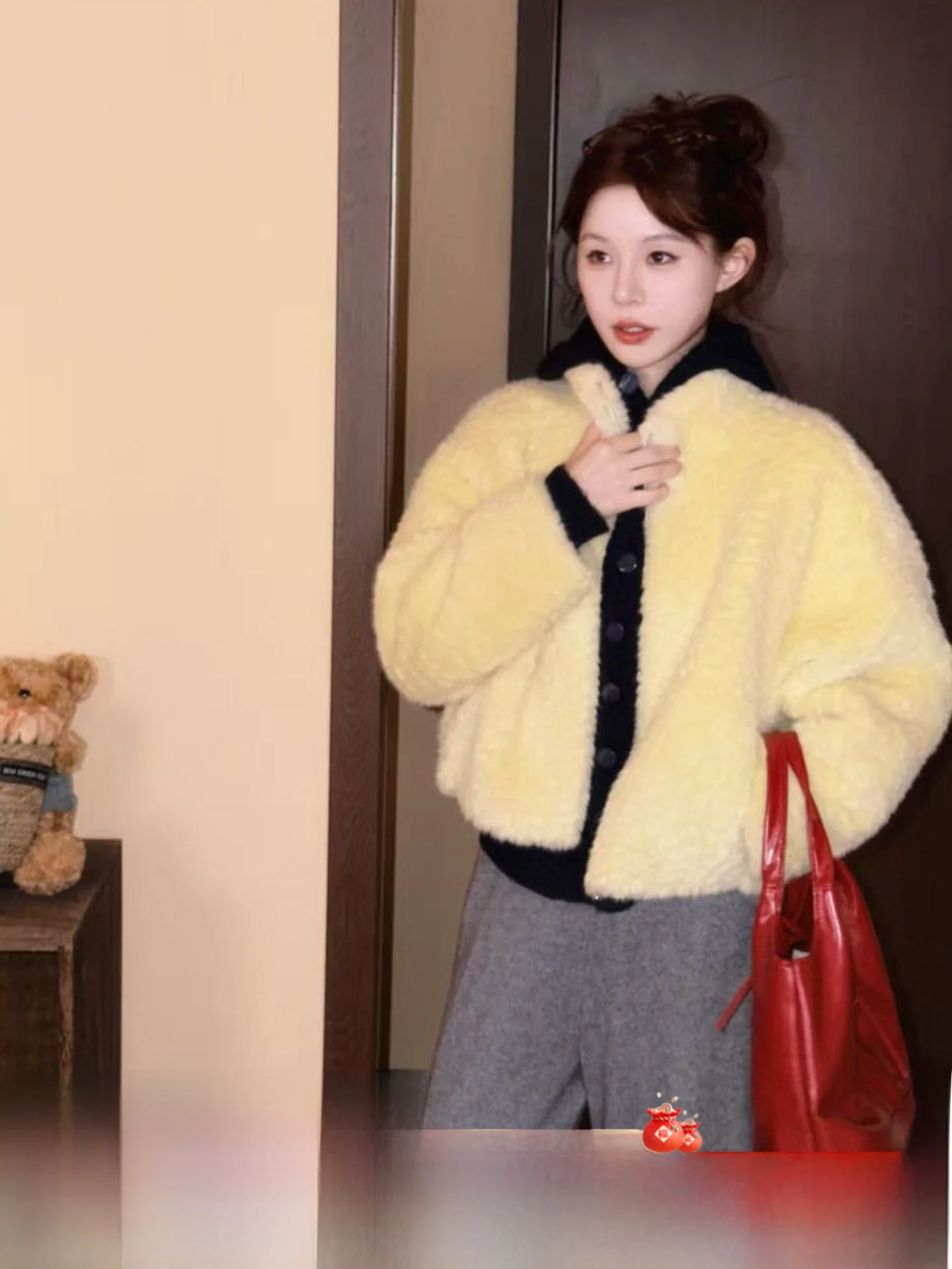 

Eco-Friendly Yellow Faux Fur ort Jaet Korean Sle Loose Fit Polyester Fiber Long Sve Zipper Closure Pure Color Women'...