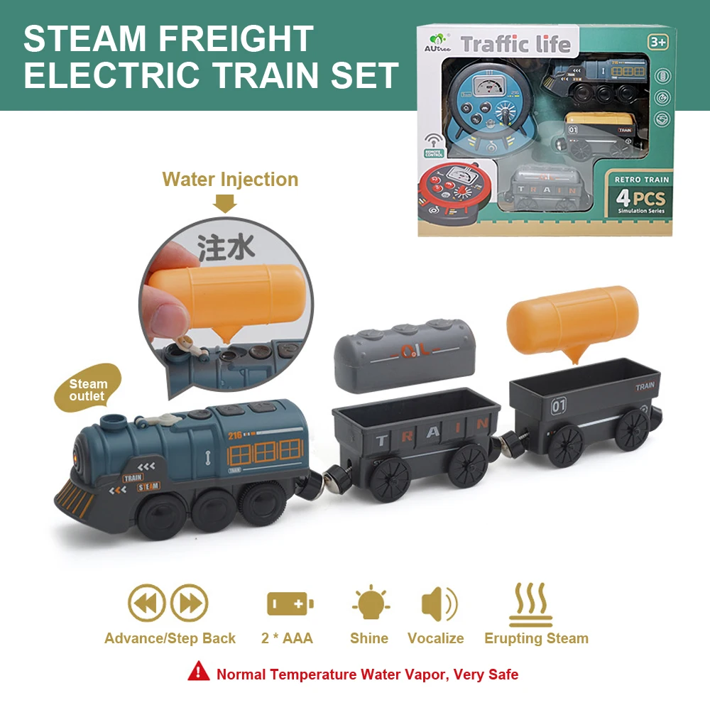 Juego de tren de motor de tren de carga de vapor Retro con luz de sonido y Control remoto, tren pequeño de vía eléctrica magnética, juguete para niños, W01