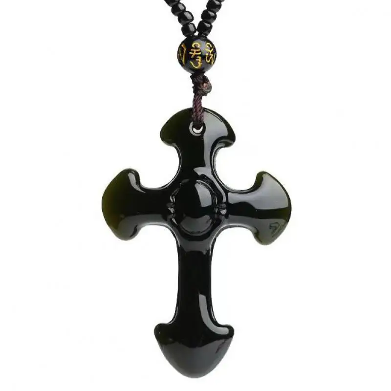 

Ожерелье с крестом из натурального обсидиана для мужчин и женщин, счастливые подвески, амулеты, натуральный черный обсидиан, ожерелье с подвеской в виде креста Христа
