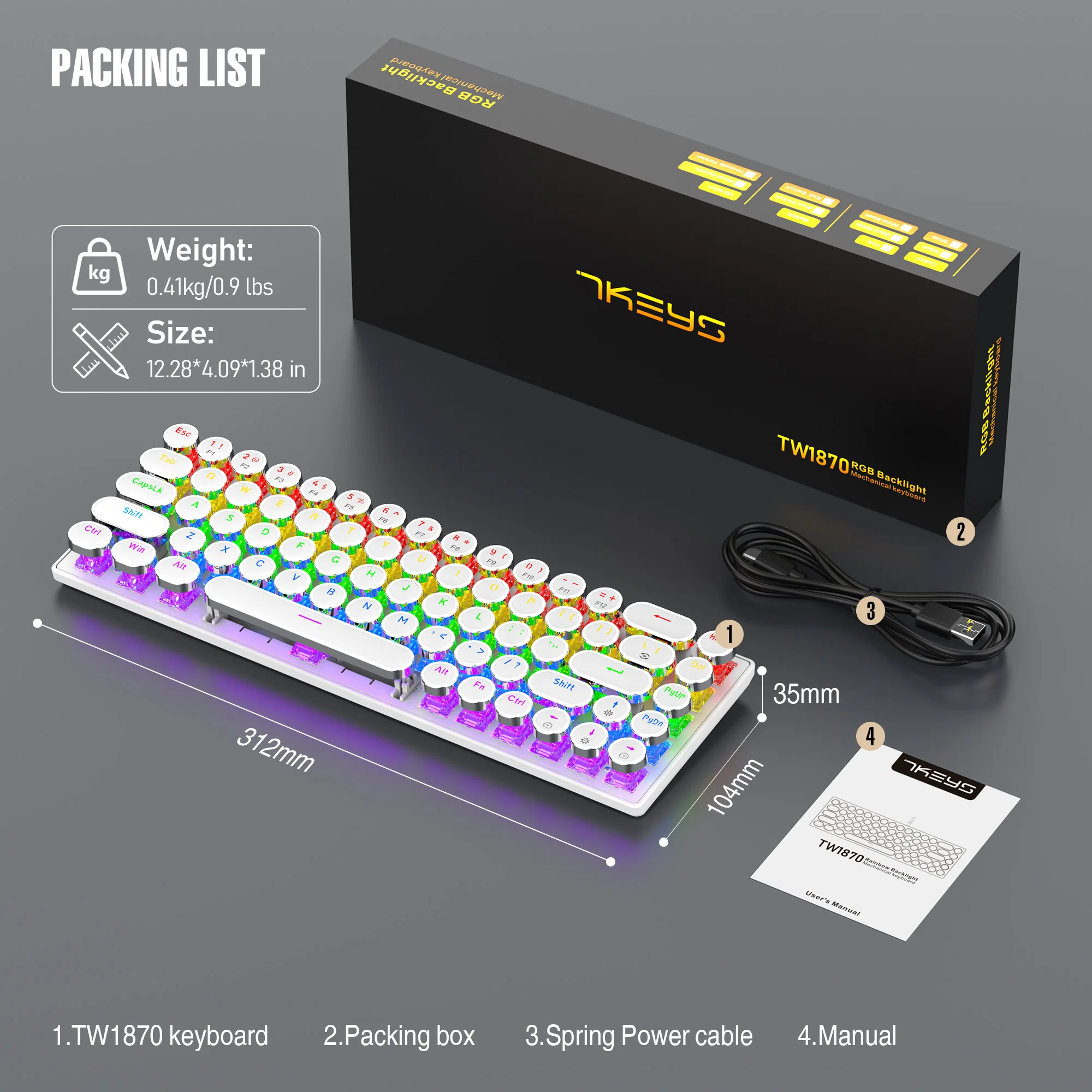 Tastiera da gioco meccanica cablata al 65%, retroilluminazione arcobaleno RGB con tasti a freccia, mini tastiera ultracompatta a 68 tasti con hot-swappa