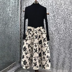 One Piece Dress 2024 Spring Fashion Design Dress High Quality Knitted Patchwork Long Sleeve Mid-Calf Slim Fit & Flare Dress XL