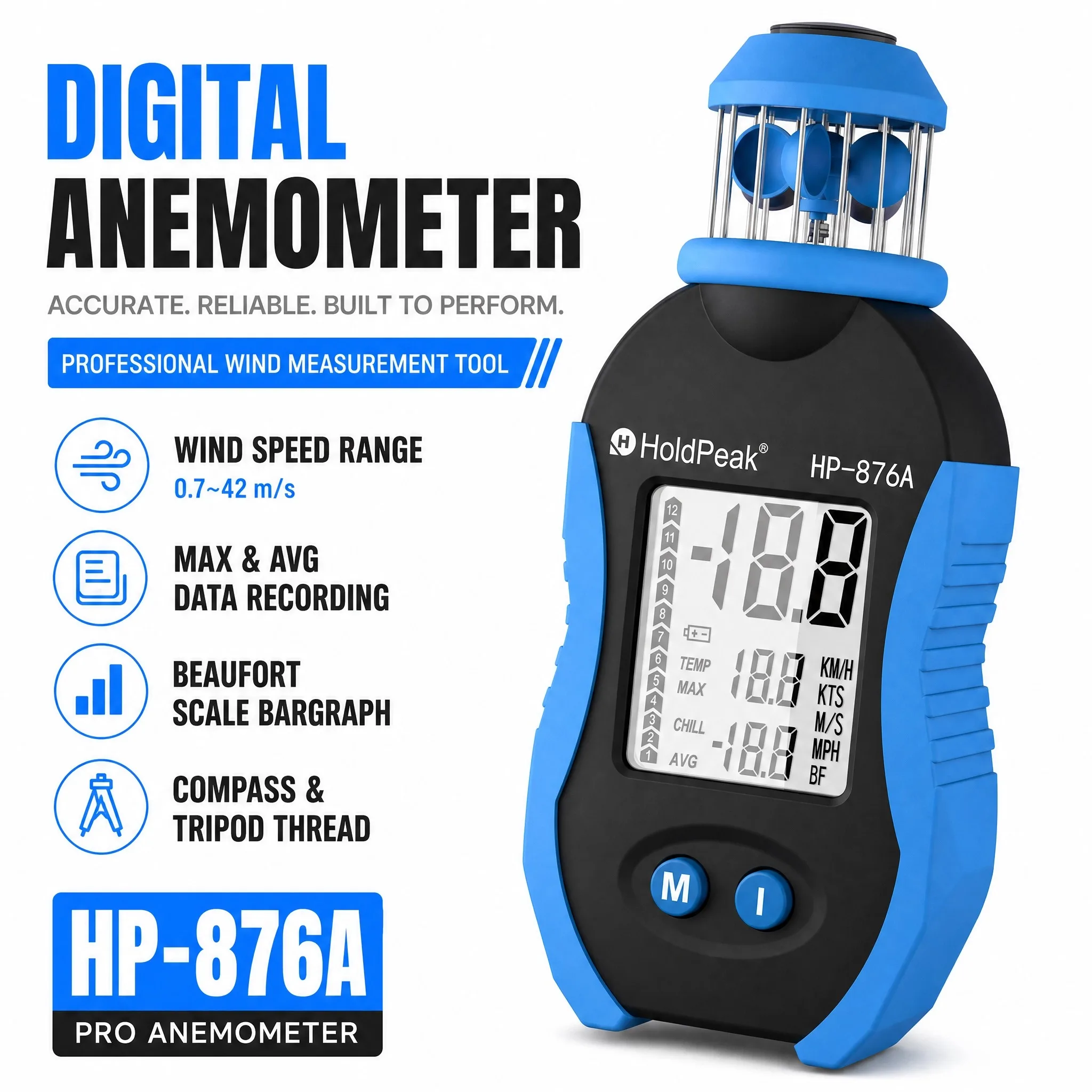 HoldPeak Mini Anemometer Compass Beaufort Scale MAX/AVG Tripod Mount Weatherproof 8-Day Data Storage Outdoor Wind Speed Tester