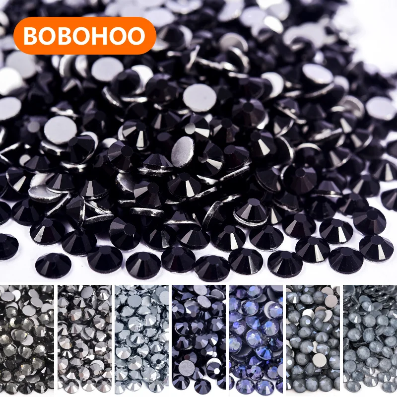 Bobohoo Black Glass Strass Nail Art Rhinestones Flatback Jet Glue On Stones Non Hotfix Rhinestones For Nail Art Decorations