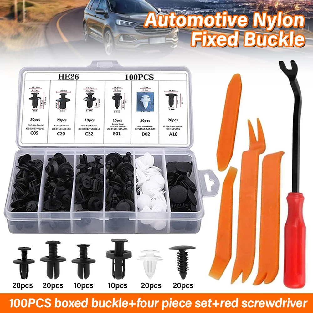 100PCS car buckle box with 6 types of universal car buckles+four piece set+red screwdriver set nylon bumper Fixator