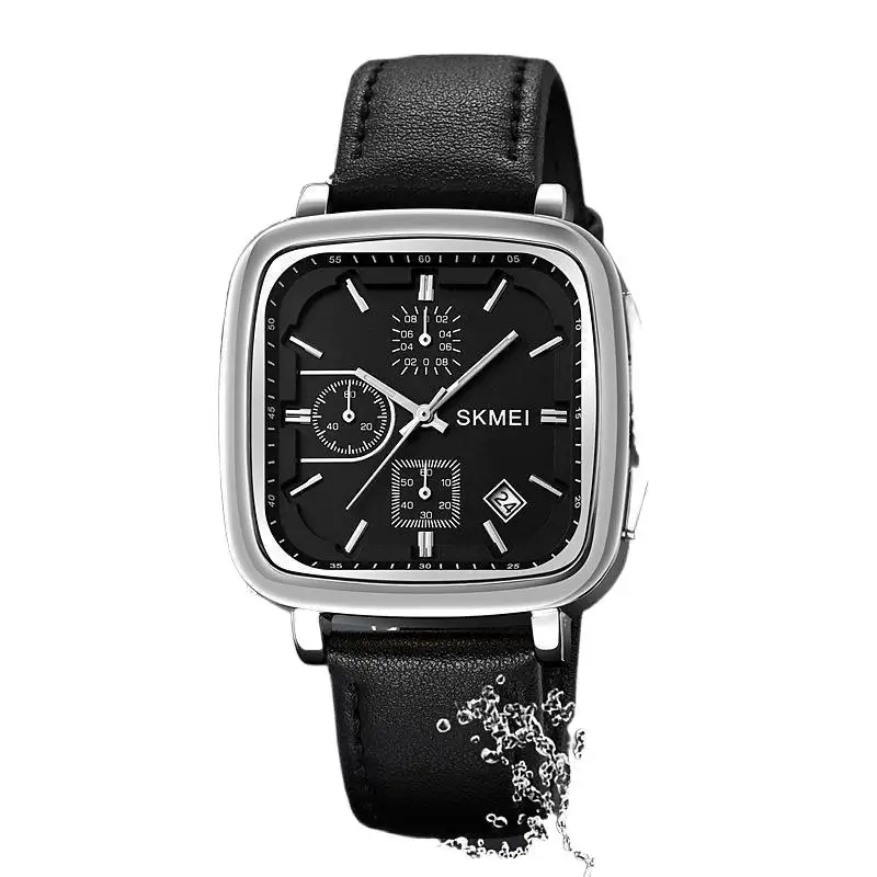 SkmeiGenuine Goods Square Men's Watch Quartz Watch Waterproof Leather Belt Fashion Men's Watch Large Dial Multi-Function Watch