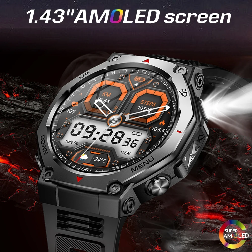 2026 New T-Rex 3 Military Outdoor Smart Watch Men 1.43-inch AMOLED Display 10ATM Waterproof 525mAh Battery GPS Smartwatch Man