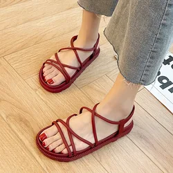 Fashion Lace Up Sandals Women PVC Flat Shoes Cool and Comfortable Net Red Women Sandals Zapatos De Mujer