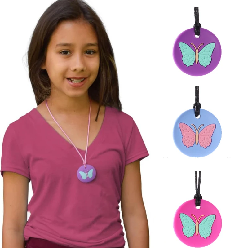 Chewy Necklace Butterfly Shape Autism ADHD Biting Sensory Child Silicone Teether Chew Toy Children Silicone Teether Pendant