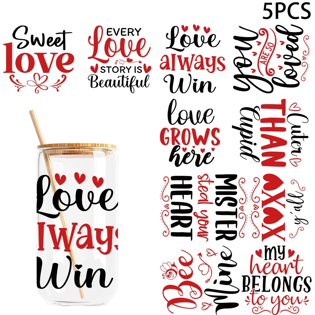 5pcs Sweet Valentine's Day UV DTF Stickers, Waterproof Sticker Pack for Decorating Mugs, DIY Supplies，Home Decoration