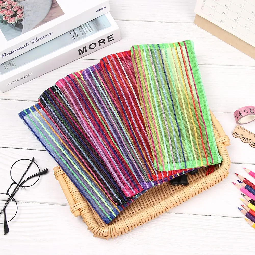1pc Solid Color Handbags Rainbow Color Stationery Cosmetic Makeup Mesh Pen Bag Cosmetic Storage Zipper Pencil Case Grid
