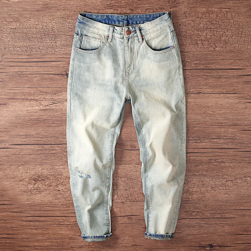 Nueva colección de primavera y otoño, pantalones vaqueros Retro lavados atualizados 2025, pantalones vaqueros de pierna pequeña a la moda con barro amarillo a la moda para hombre