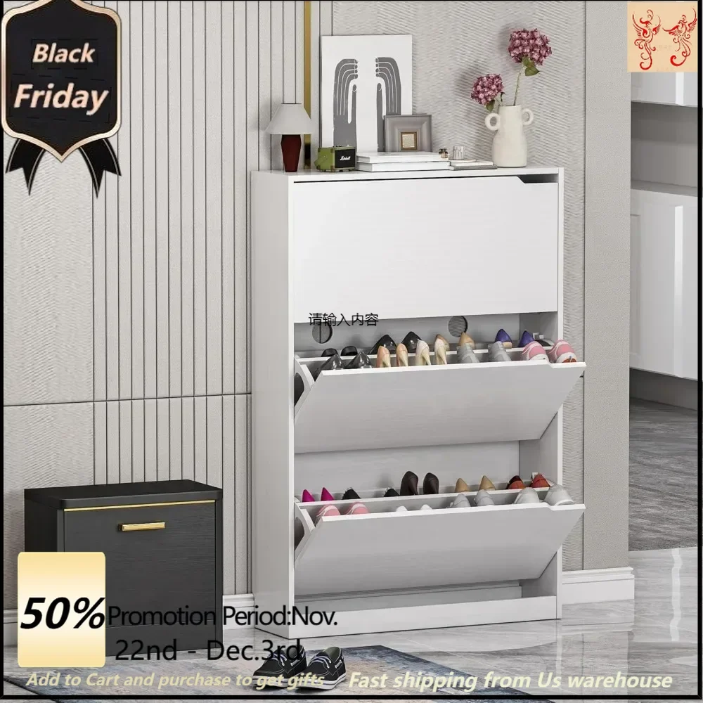 Entrance locker, shoe cabinet locker with 3 clamshell drawers, shoe cabinet in a small space, 3 tiers white shoe cabinet