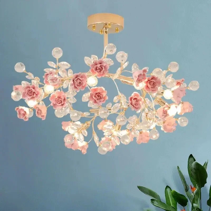 Luxury Crystal Bedroom Light European Style Chandelier Peach Powder Ceramic Lantern with Court Rose Decorative Lamp for Home
