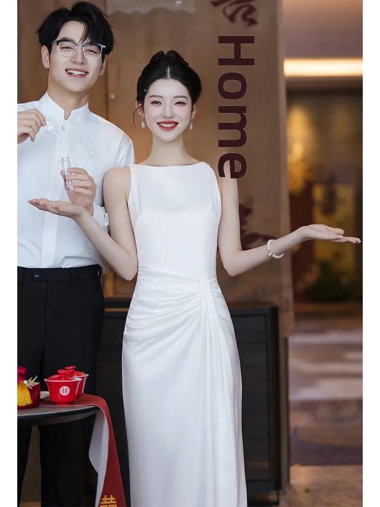 

Ele White Wedding Dr Engagement Gown Svel Registry Appoinent Bridal Drinking Dr Korean Sle Polyester Fabric