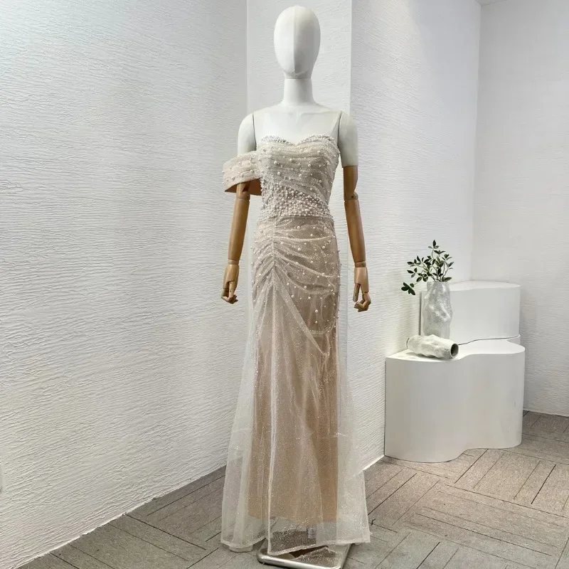 

Women's Maxi Dress Nude Color Sequins Beading Sleeveless Tube Elegant Ladies for Party New High Quality 2024