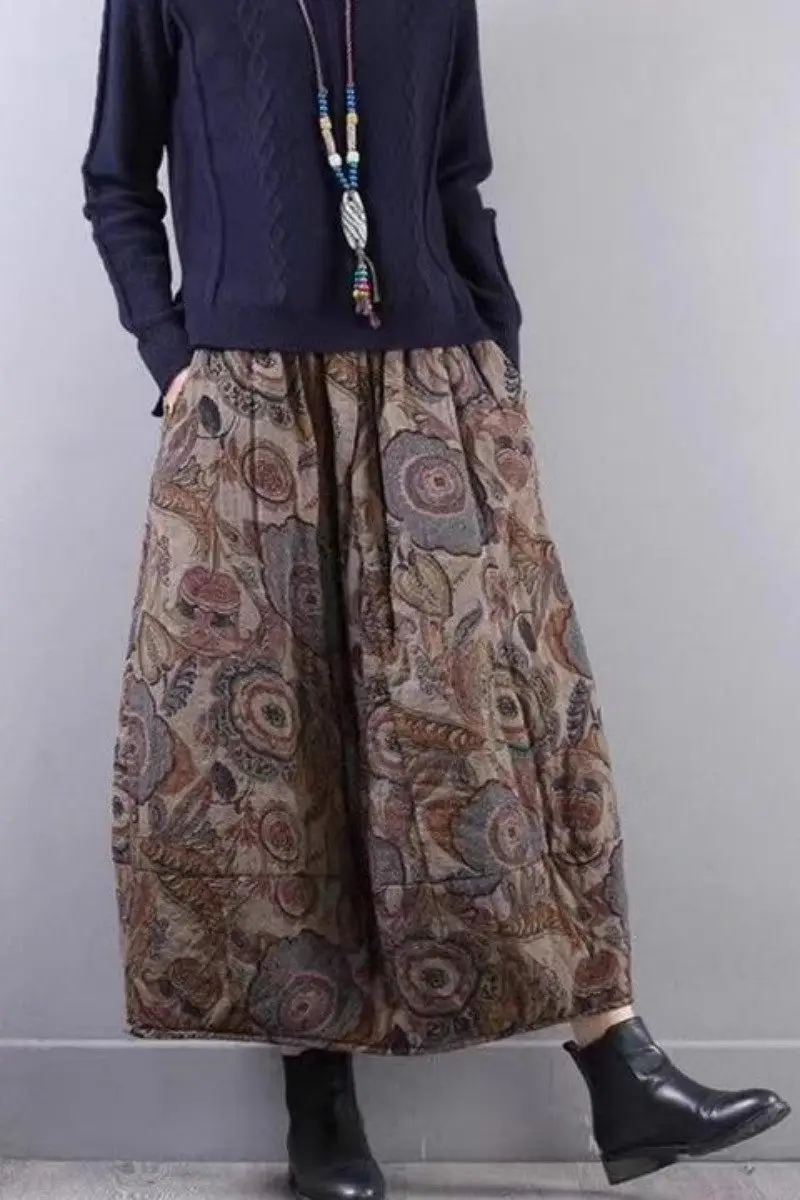 Women 2023 Winter Vintage Art Print Cotton Quilted Skirt Elastic Waist Warm And Thick Mid Length Cocoon Skirt Mujer Faldas Z3548