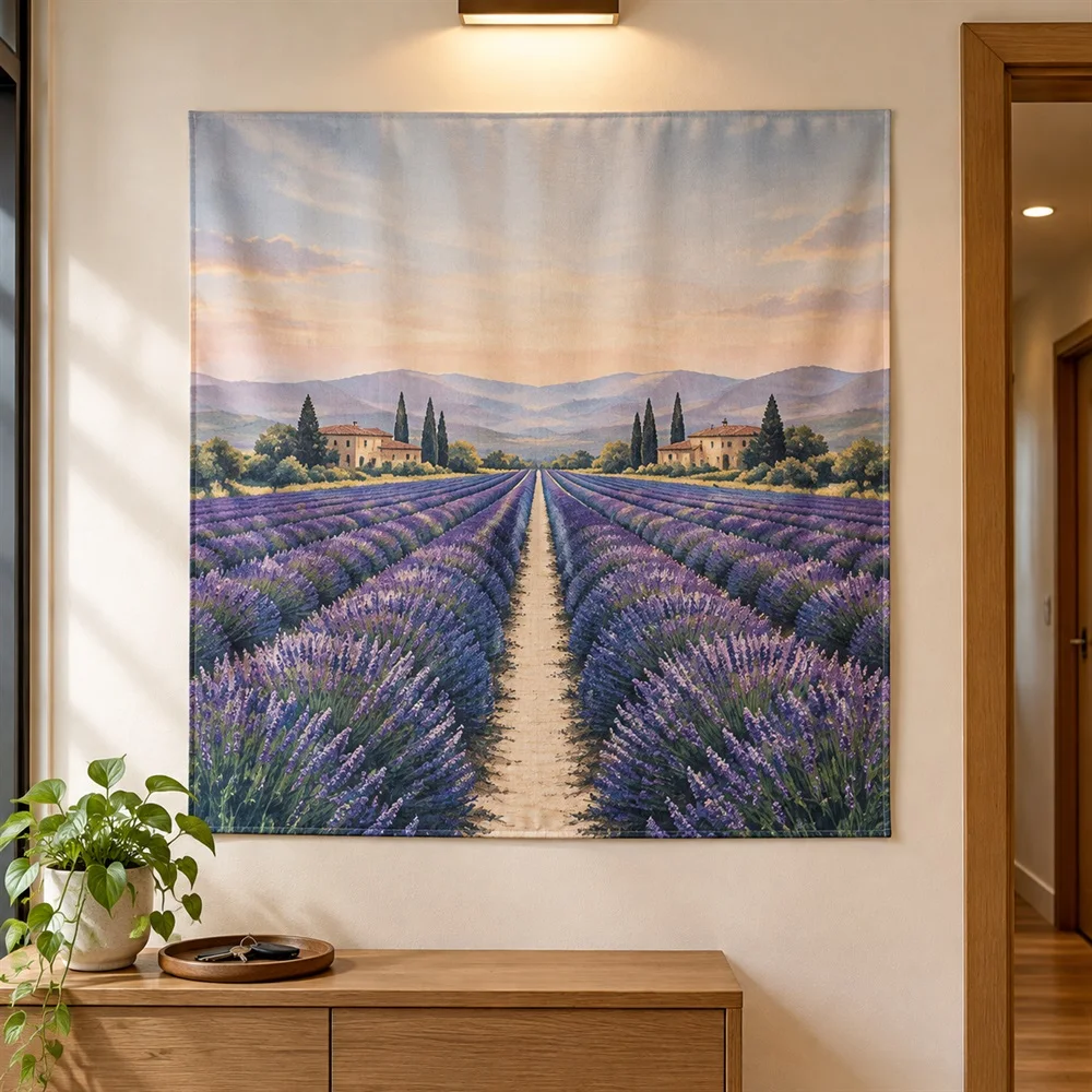 VIKAMA Lavender Field Tapestry Wall Hanging, Misty Landscape Wall Art, Provence Decor for Bedroom Living Room Study Bathroom