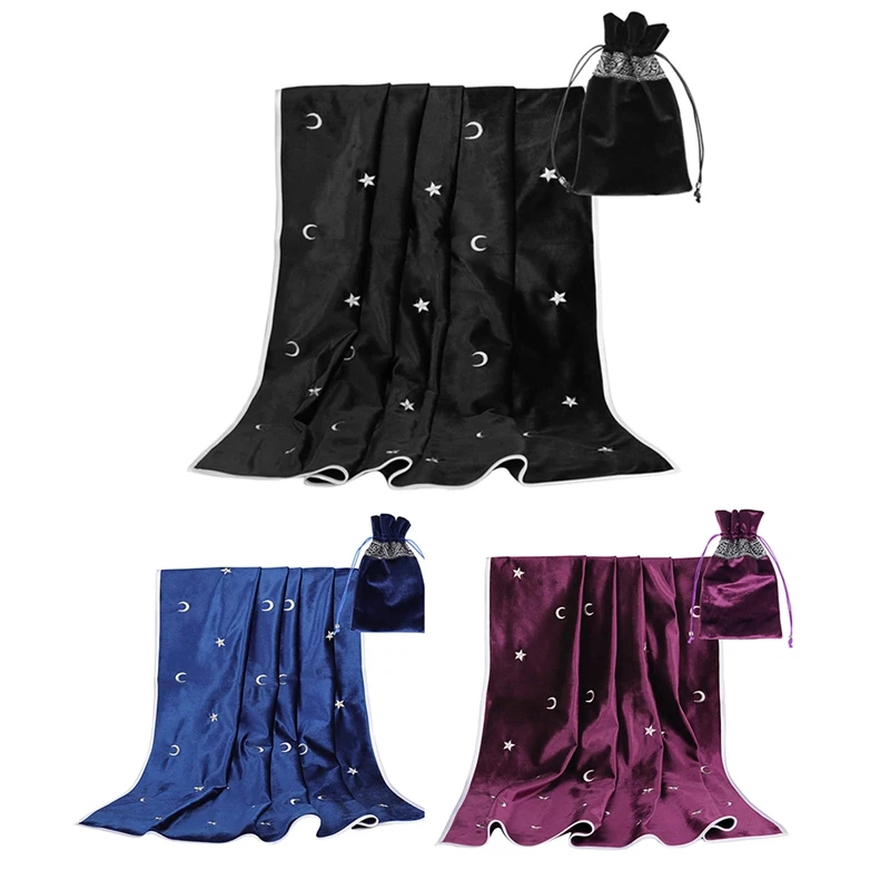 ELOS-Altar Tarot Tablecloth Velvet Tarot Divination Tablecloth With Tarot Cards, Game Bag Stars Embroidered Tablecloth