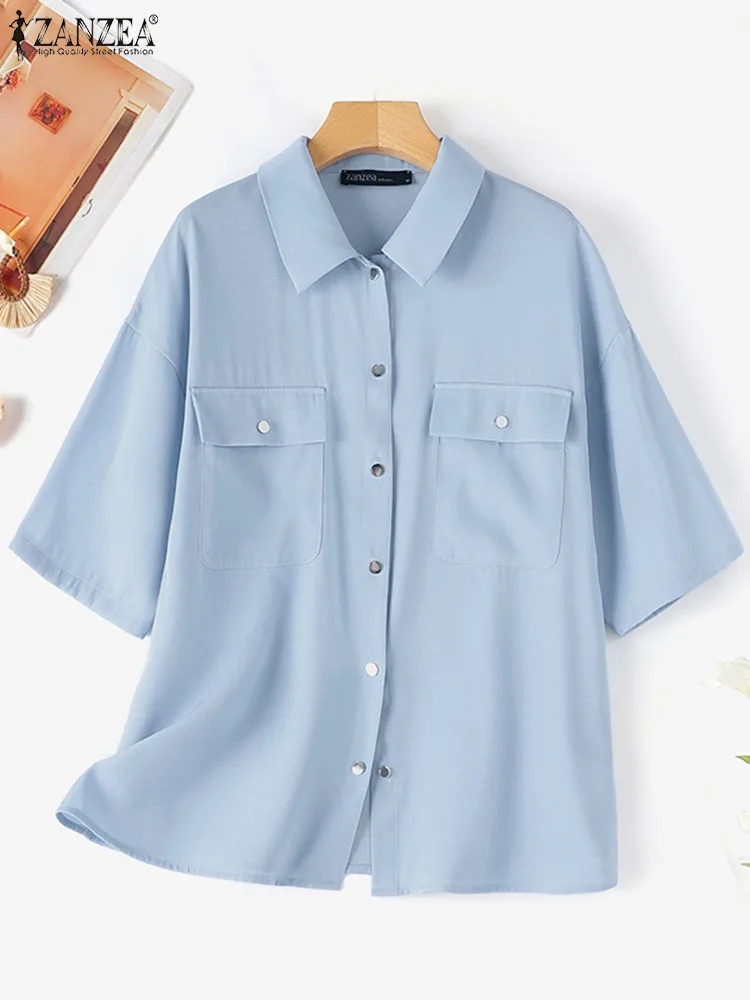 ZANZEA Female OL Work Tunic Tops Summer Elegant Shirt Women Short Sleeve Denim Blue Blouse Casual Lapel Neck Buttons Up Blusas