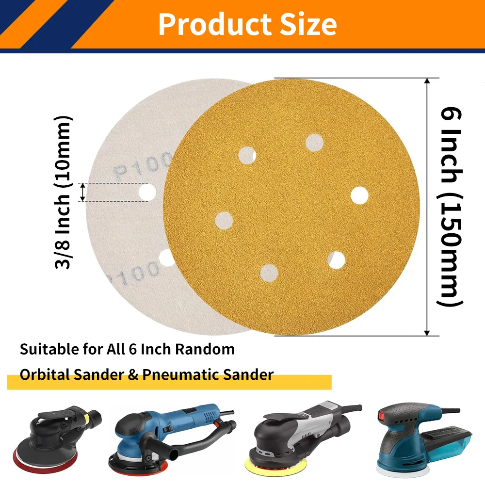 50PCS 6-Inch 6-Hole Hook and Loop Sanding Discs 40-800 Grit,for Random Orbital Sander Sandpaper,Automotive and Woodworking
