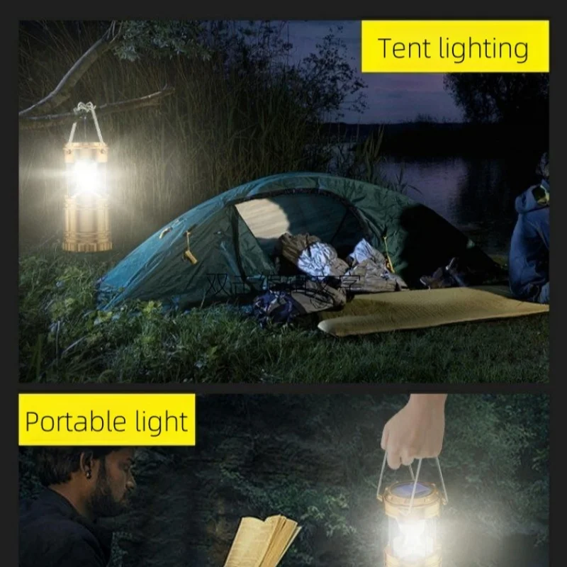 Solar Powered Camping Lamp LED Searching Light Waterproof Outdoor Tent Lighting USB Charging Portable Handheld Power Bank Light