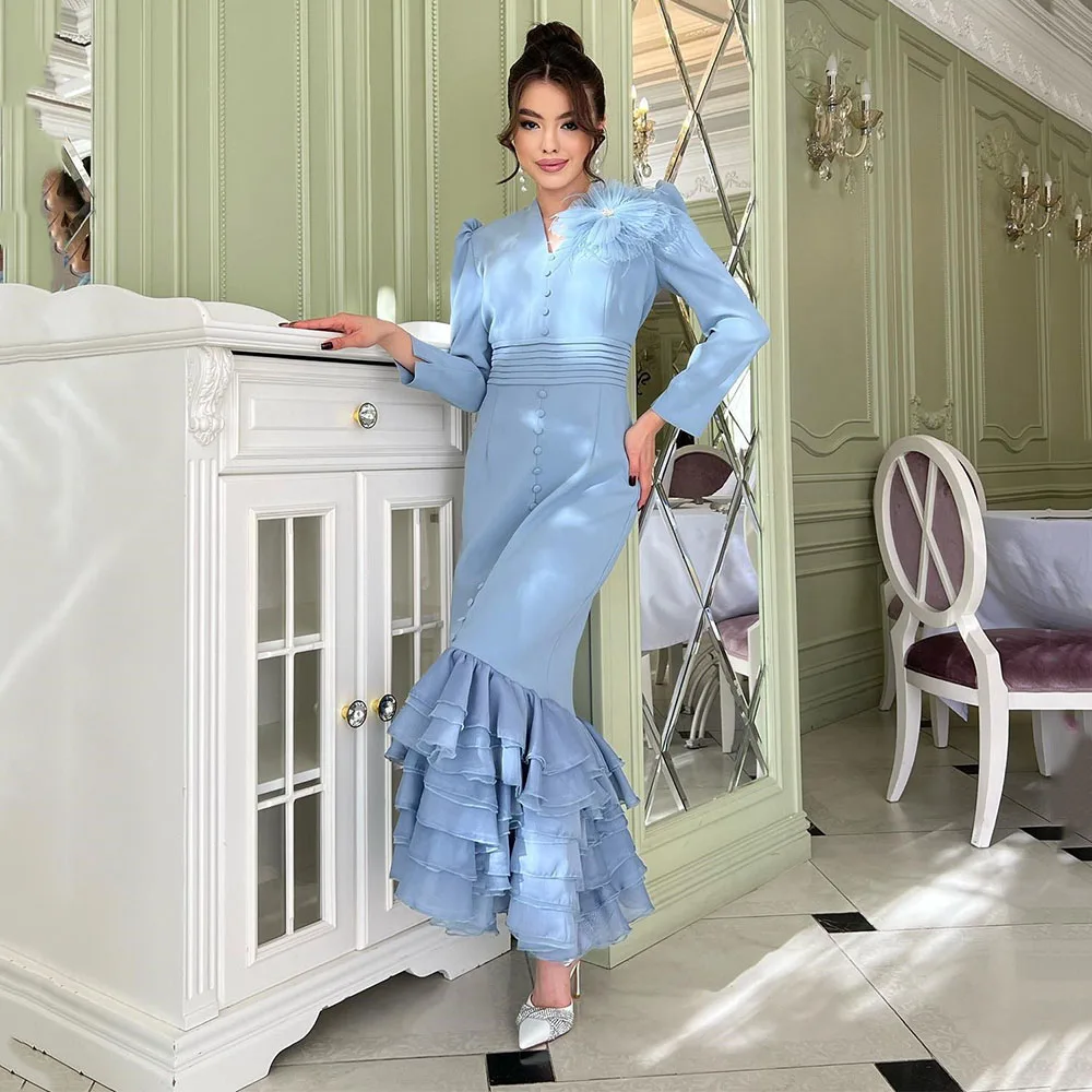 Customized Long Sleeve 3D Appliques V Neck Formal Party Dress Sexy Prom Gown Straight Ankle-Length Evening Dresses فساتين الحفلا