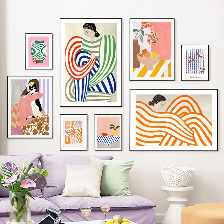 Abstract Line Striped Women Cat Vase Fruit Plate Posters Art Prints Canvas Painting Wall Pictures Living Room Home Decoration