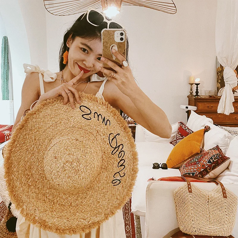 

Foldable Beach Travel Sun Protection Letter Embroidery Straw Hat Women's Breathable Wide Brim Hat Flat Top Hat Casual Sweet