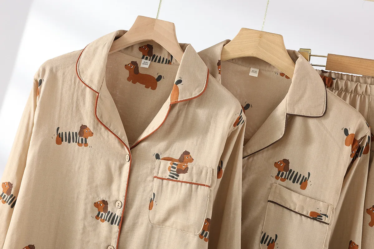 2026 Neues Frühlings- und Herbst-Pyjama-Set für Paare, 100% Baumwollgaze, Herren- und Damen-Langarm-Dünne-Hauskleidung, Zweiteiliges Set – Detail 5
