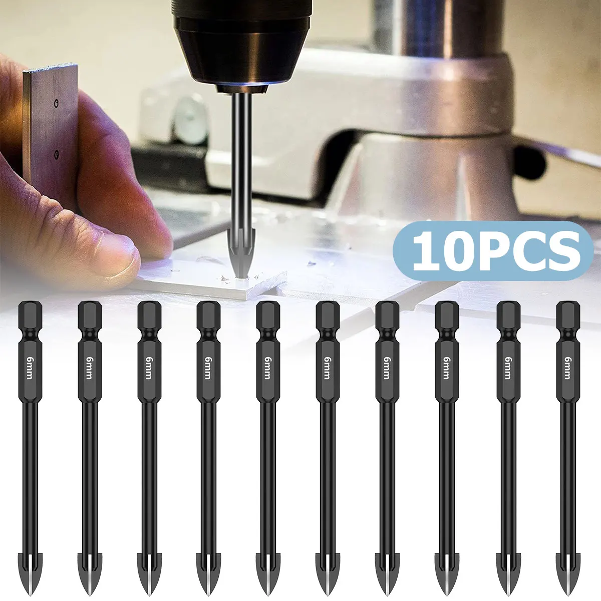 

10Pcs 6mm Cross Hex Drill Bit Set For Tile Porcelain Glass Mirror Multifunction Tile Porcelain Drill Bit Kit Tool Carbide Drills