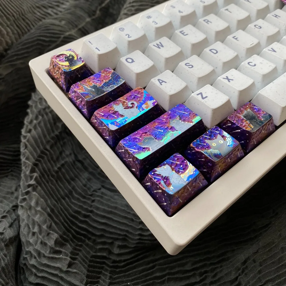 Purple Starry Sky Theme Keycap ESC/Tab/Caps/shift 1u/1.25u/1.5u Titanium Alloy Keycap Set Hand Carved Relief Cute Cat Key Caps