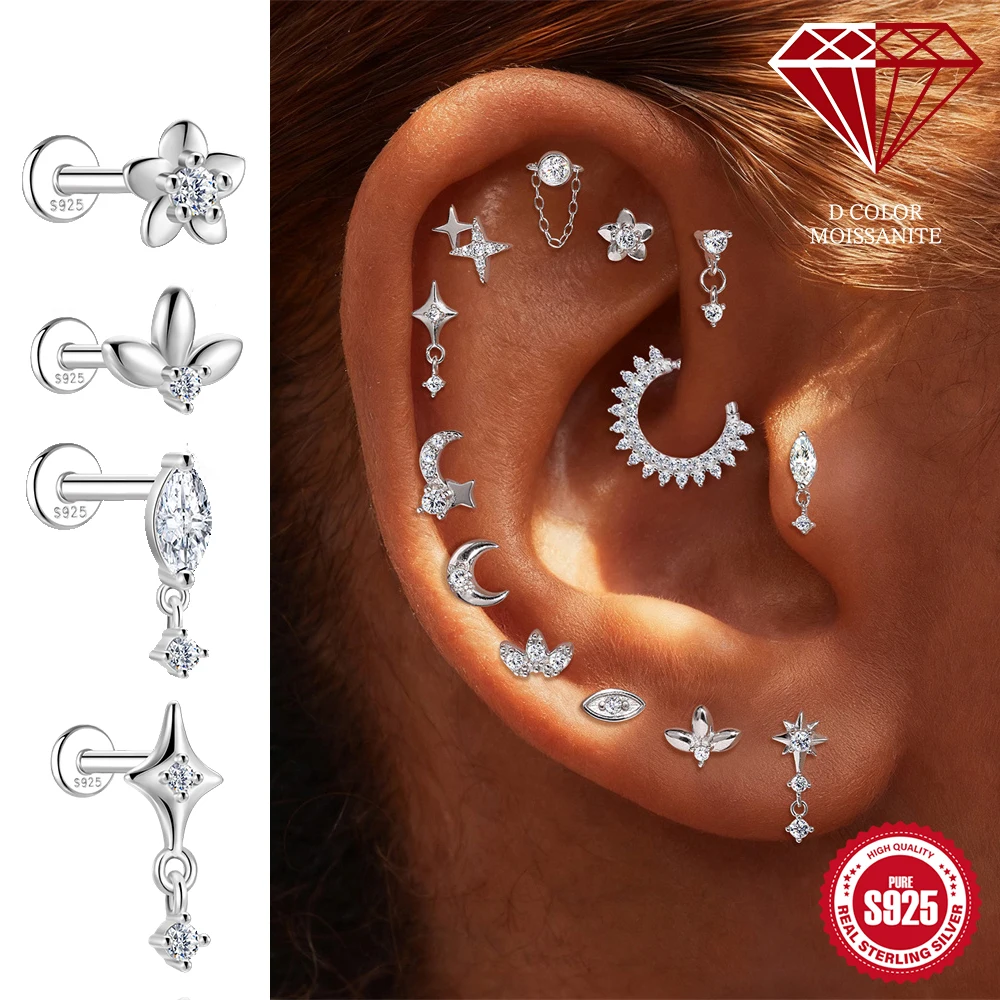 

Серьги-пирсинг CANNER из стерлингового серебра 925 пробы с муассанитом в форме цветка/звезды/кошачьего глаза для женщин, для вечеринок, свадеб, украшение для пирсинга хеликса, подарок