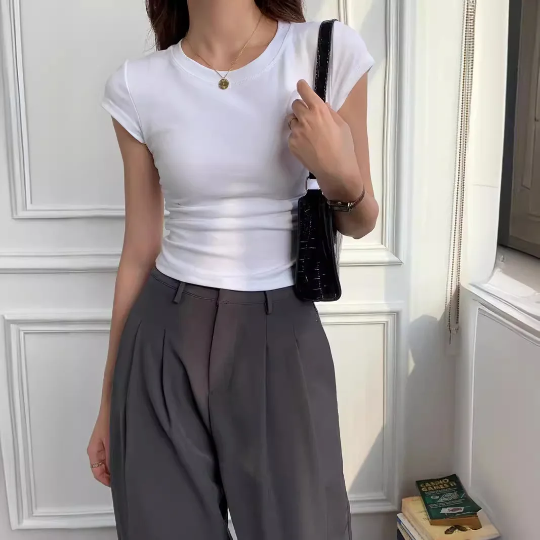 New Slim White T-shirt Women Casual Vintage Tee Shirt Femme Sexy Kpop Y2K Crop Top Woman Skinny Black Gray Fashion Clothes