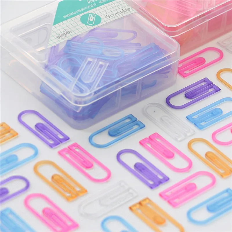60pcs/box Colored Plastic Paper Clips Decorative paperclip bookmarker for book Stationery office supplies desk accessories